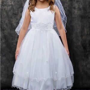 Kid's Dream White Sleeveless Dress-Satin Lace & Beadwork Accented Trimmed Waist.